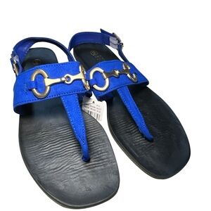 Rouge Helium Neon Blue Brass Detail Horsebit T-Strap Thong Sandals Size 9